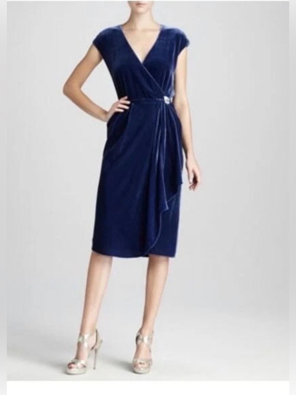 Magaschoni Deep Navy Velvet Wrap Midi Evening Cocktail Dress Size 4
